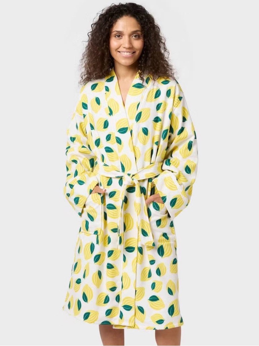 Room Essentials Women Lemon Print Cotton Bath Robe Yellow Green S/M Nwt